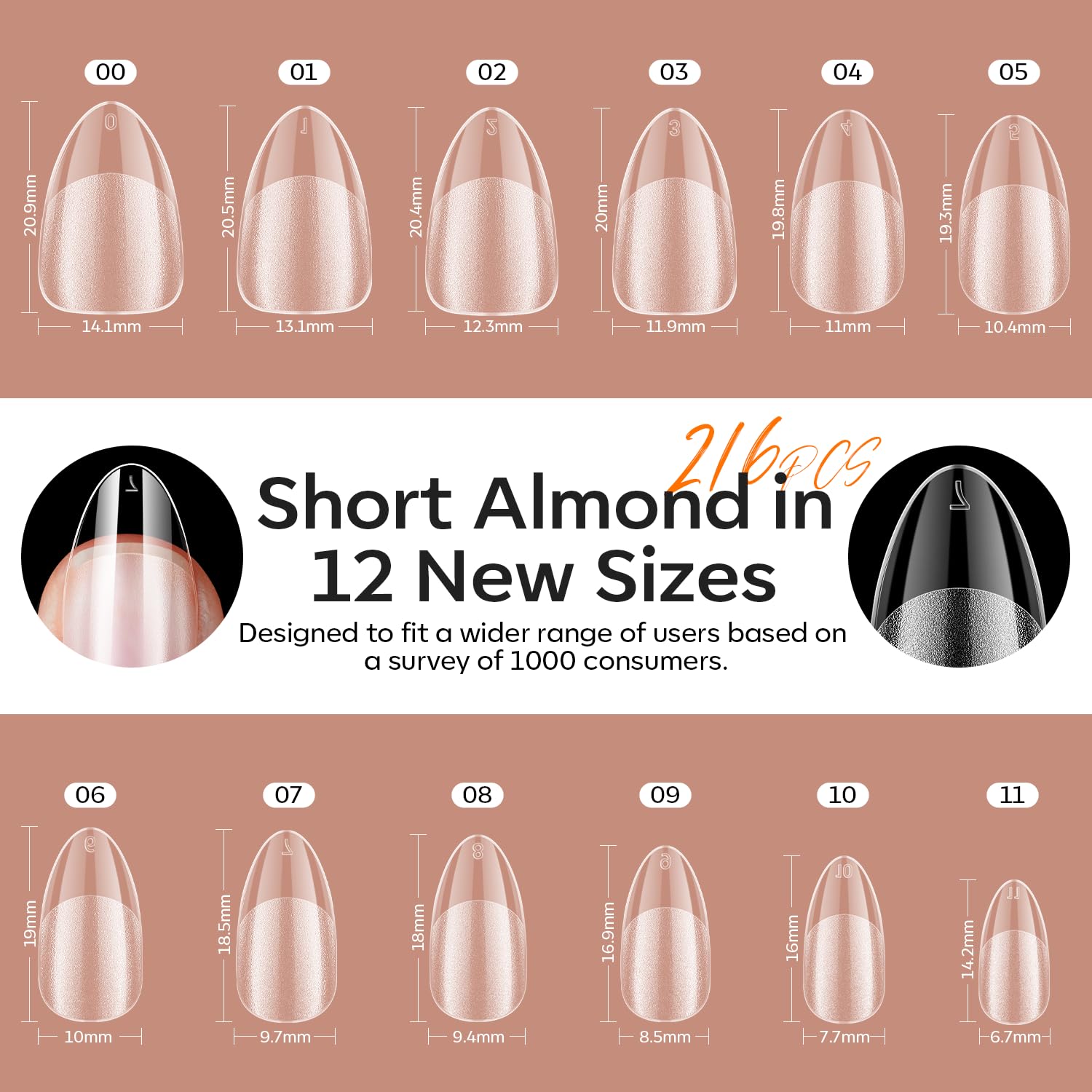 Modelones Kit de Uñas Gel en Forma de Almendra Corta – Pegamento 9-en-1 y Lámpara UV Portátil, 216 Piezas