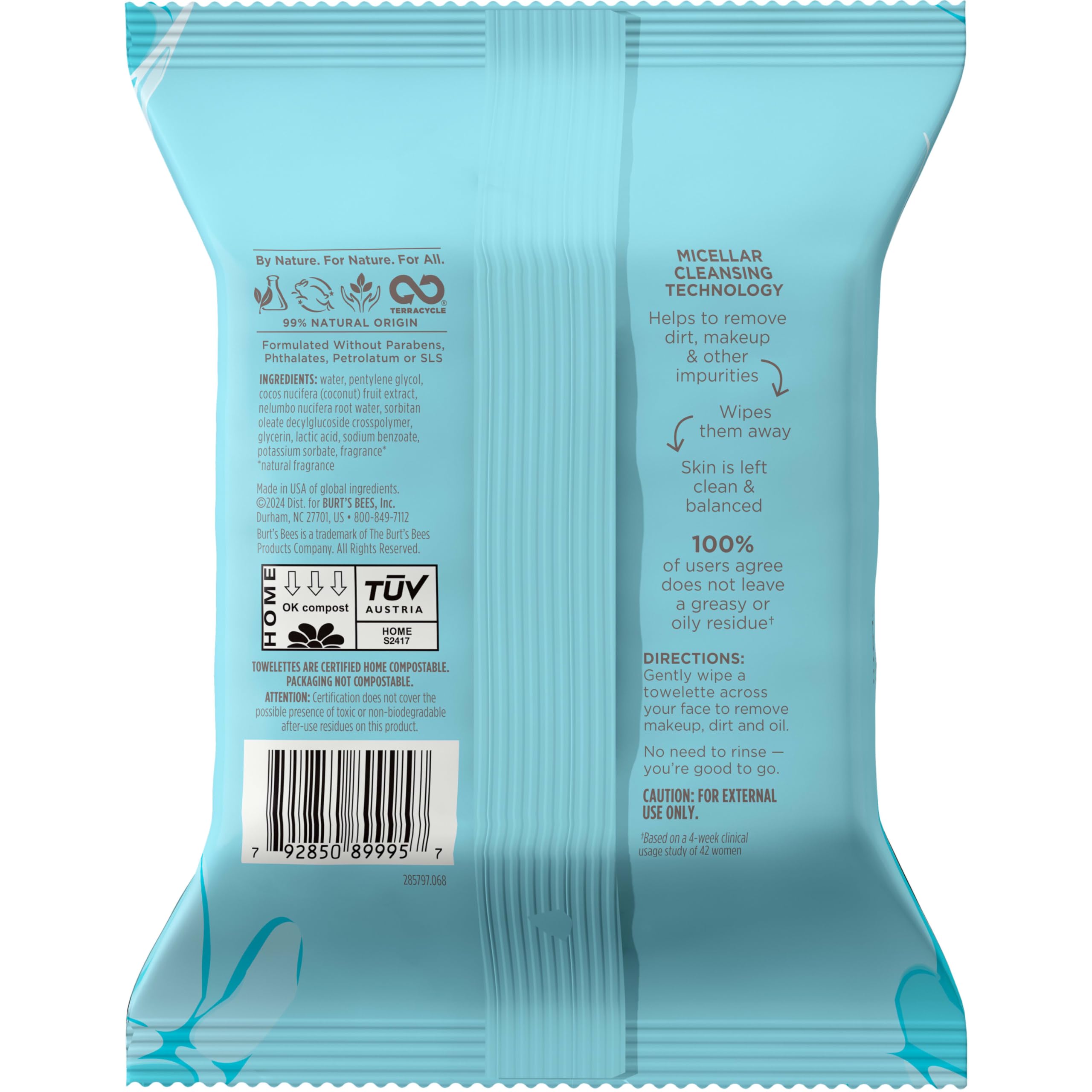 Burt's Bees Micellar Coconut & Lotus Towelettes – 30 Ct, 99% Natural Origin, 3-in-1 Cleanse