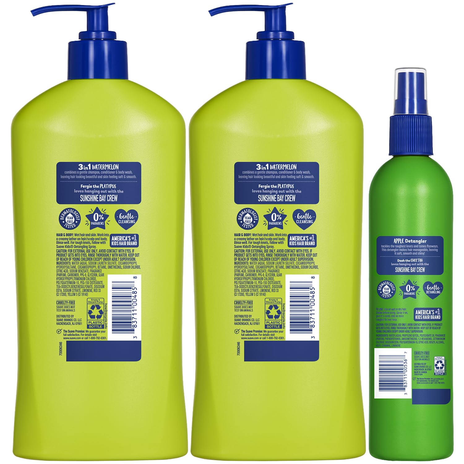 Suave Kids Watermelon Wonder 3-en-1 + Desenredante Silly Apple | Pack de 2 Botellas + Spray