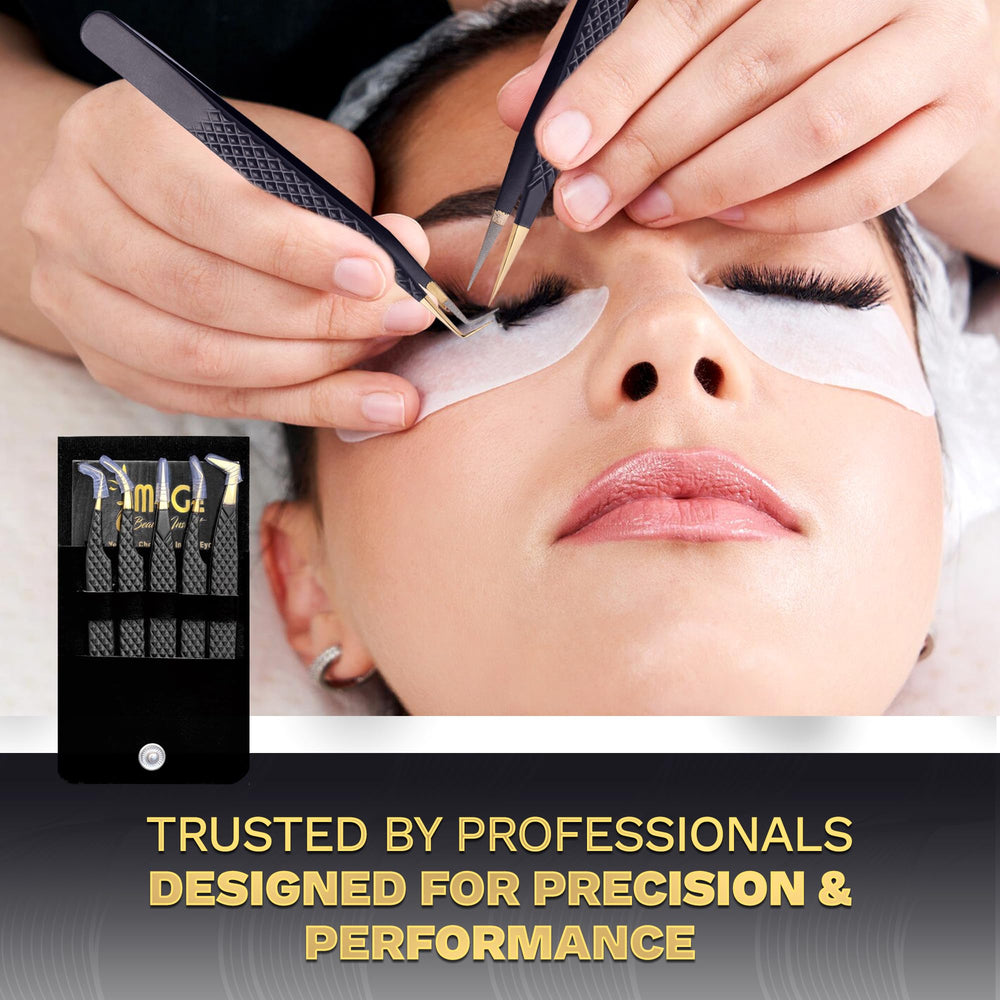 Image Beauty Insight 5-in-1 tweezer set with protective caps.