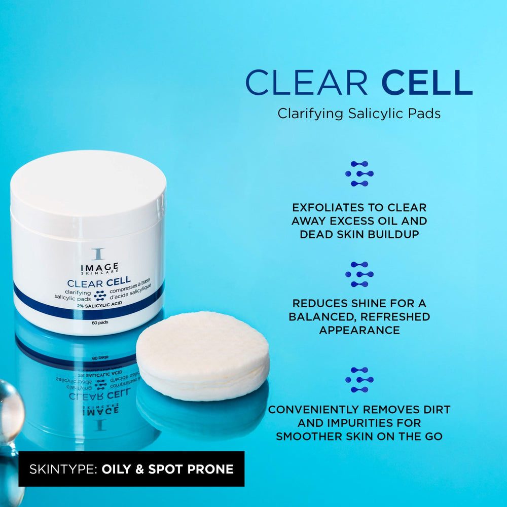 CLEAR CELL pad with lilac extract shown for shine reduction and soothing effect.