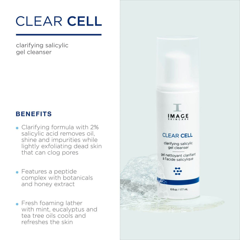IMAGE Skincare Clear Cell Gel Cleanser pump shows 2% salicylic acid for gentle exfoliation.