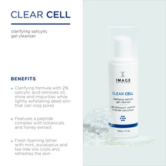 IMAGE Skincare Clear Cell Gel Cleanser pump shows 2% salicylic acid for gentle exfoliation.