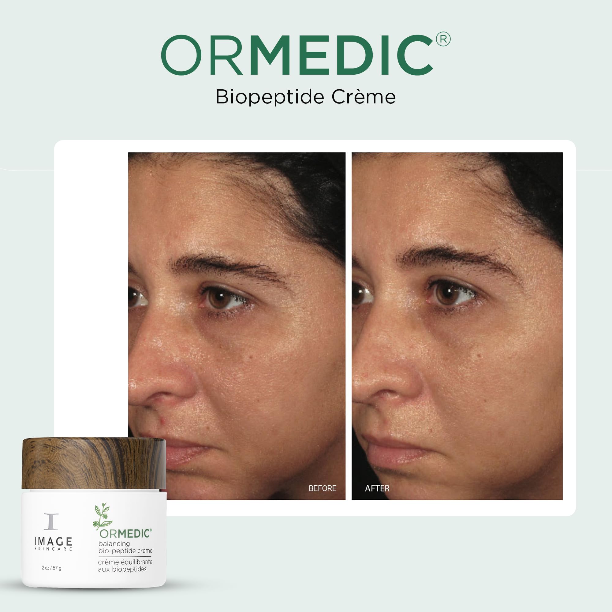 Label closeup of ORMEDIC Biopeptide Creme highlighting organic ingredients.