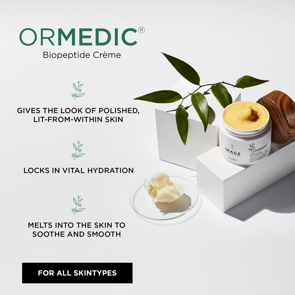 Swirl of ORMEDIC Biopeptide Creme on skin illustrating smooth, dewy finish.