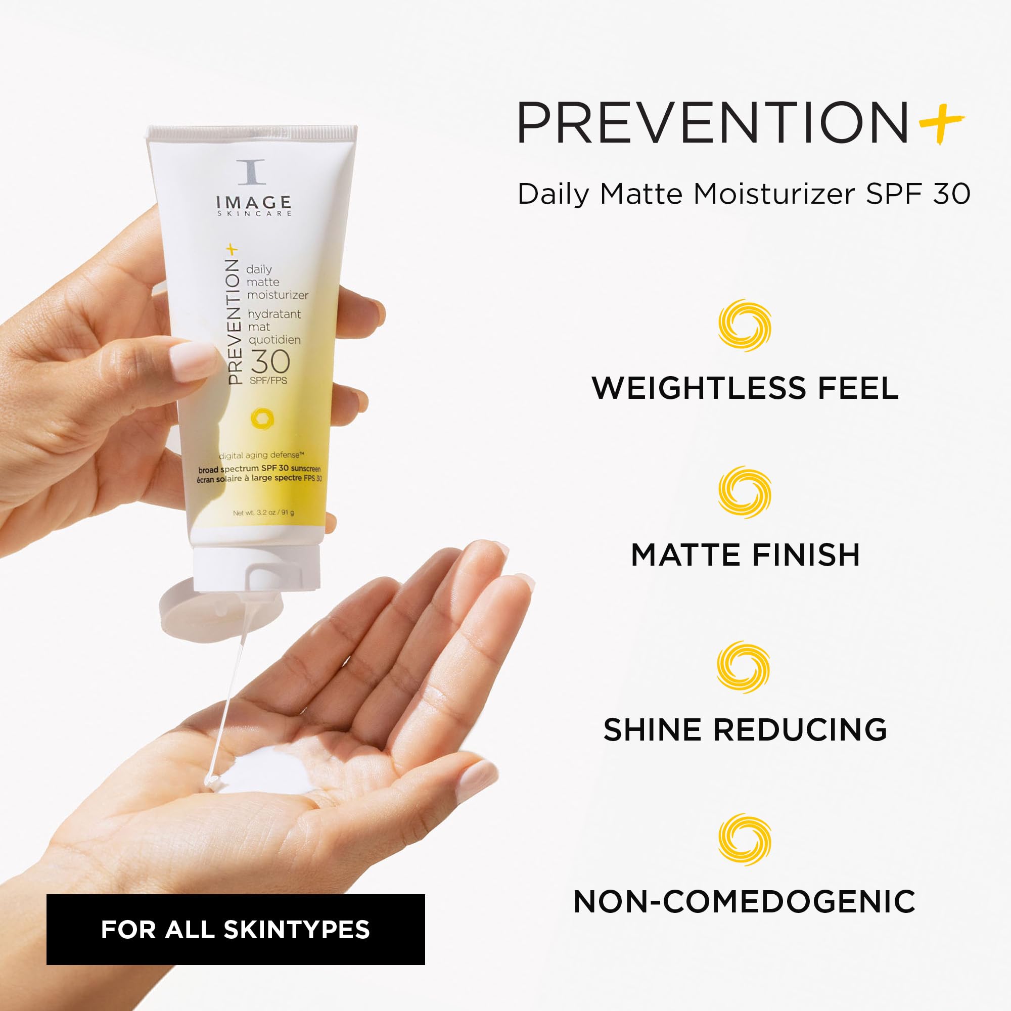 IMAGE Skincare PREVENTION+ SPF 30 tube swatch shows sheer, shine-free protection.