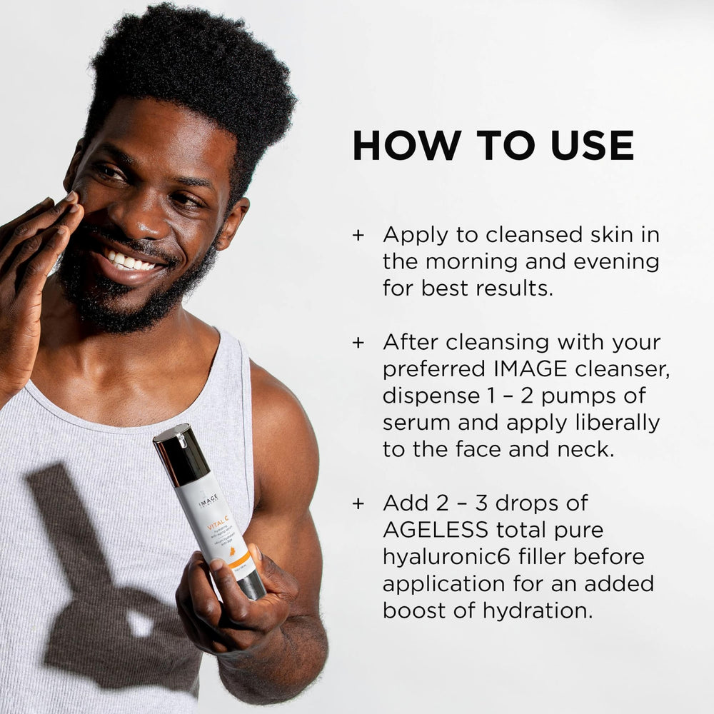 IMAGE Skincare Vital C application shot demonstrates morning and evening routine.