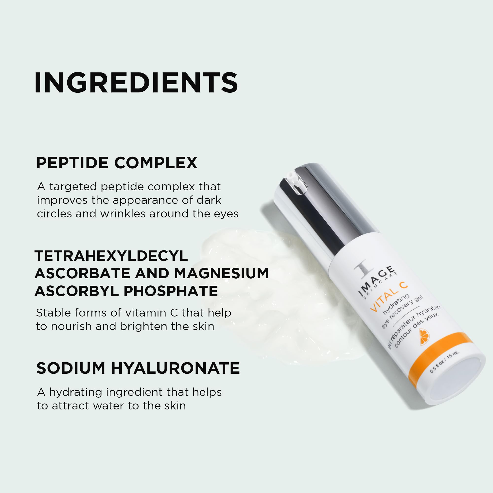 IMAGE Skincare Vital C eye gel cooling texture refreshes tired skin around eyes.