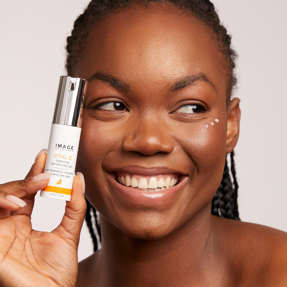IMAGE Skincare Vital C eye gel packaging highlights peptide complex smoothing fine lines.
