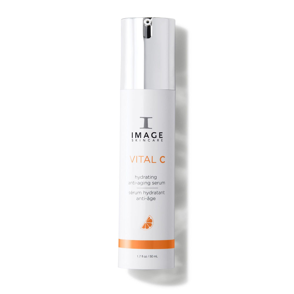 IMAGE Skincare Vital C serum bottle demonstrates hydrating formula for brighter, smoother skin.