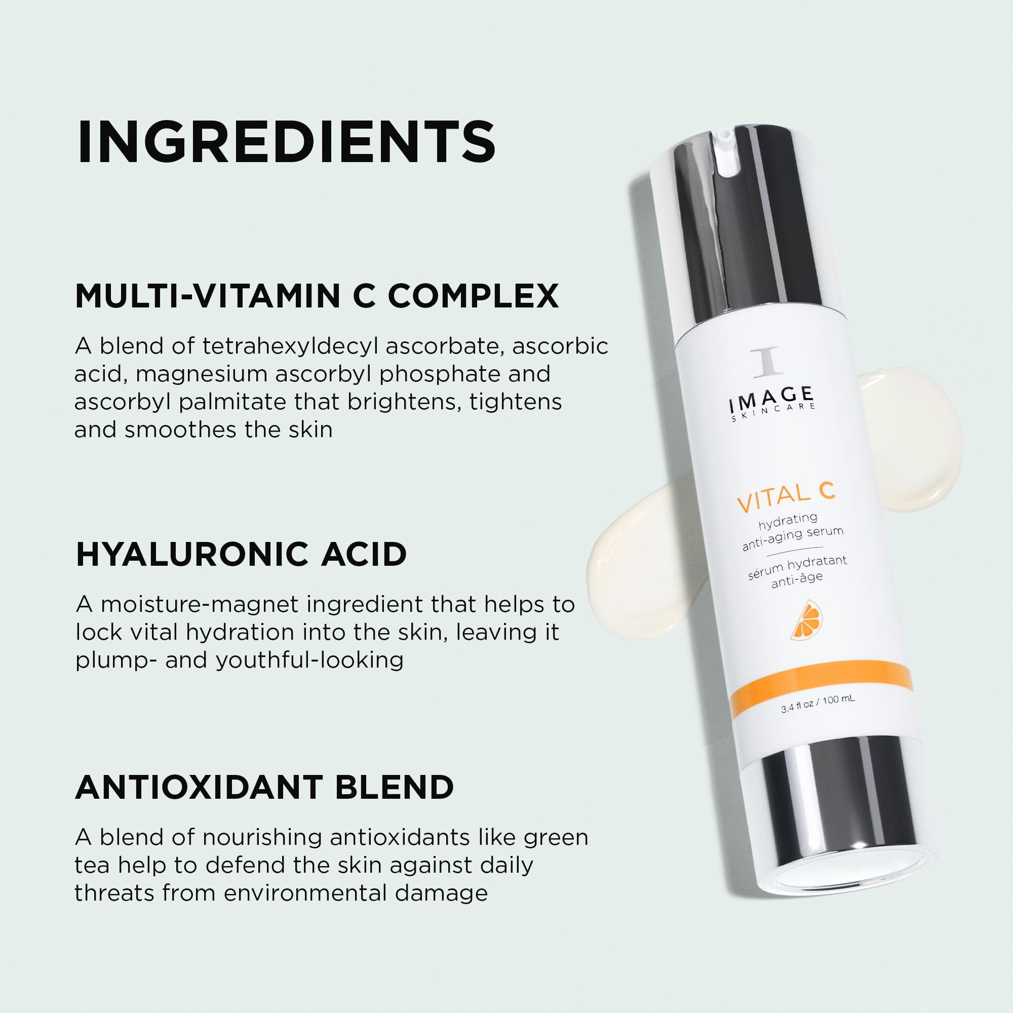 IMAGE Skincare Vital C ingredients close-up emphasizes multi vitamin C complex.