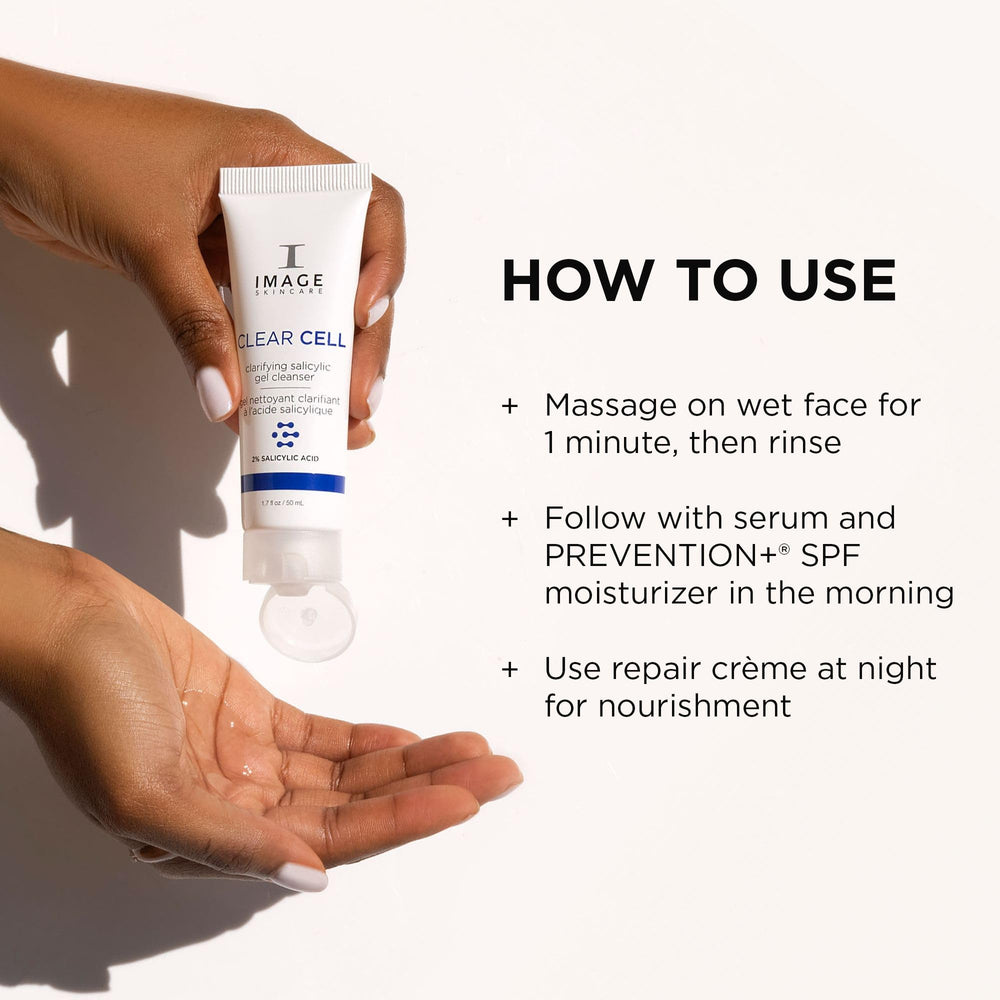 Ingredientes con ácido salicílico 2% de IMAGE Skincare Clear Cell Gel Limpiador.