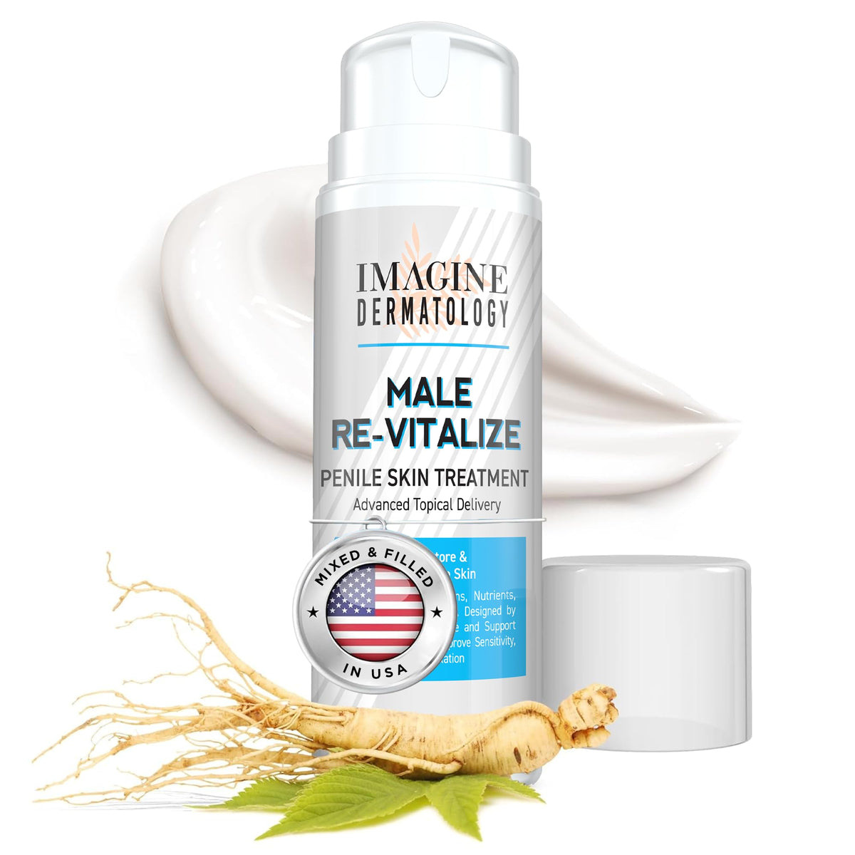 Imagine Dermatology crema de salud masculina, botella vertiendo para hidratación suave.
