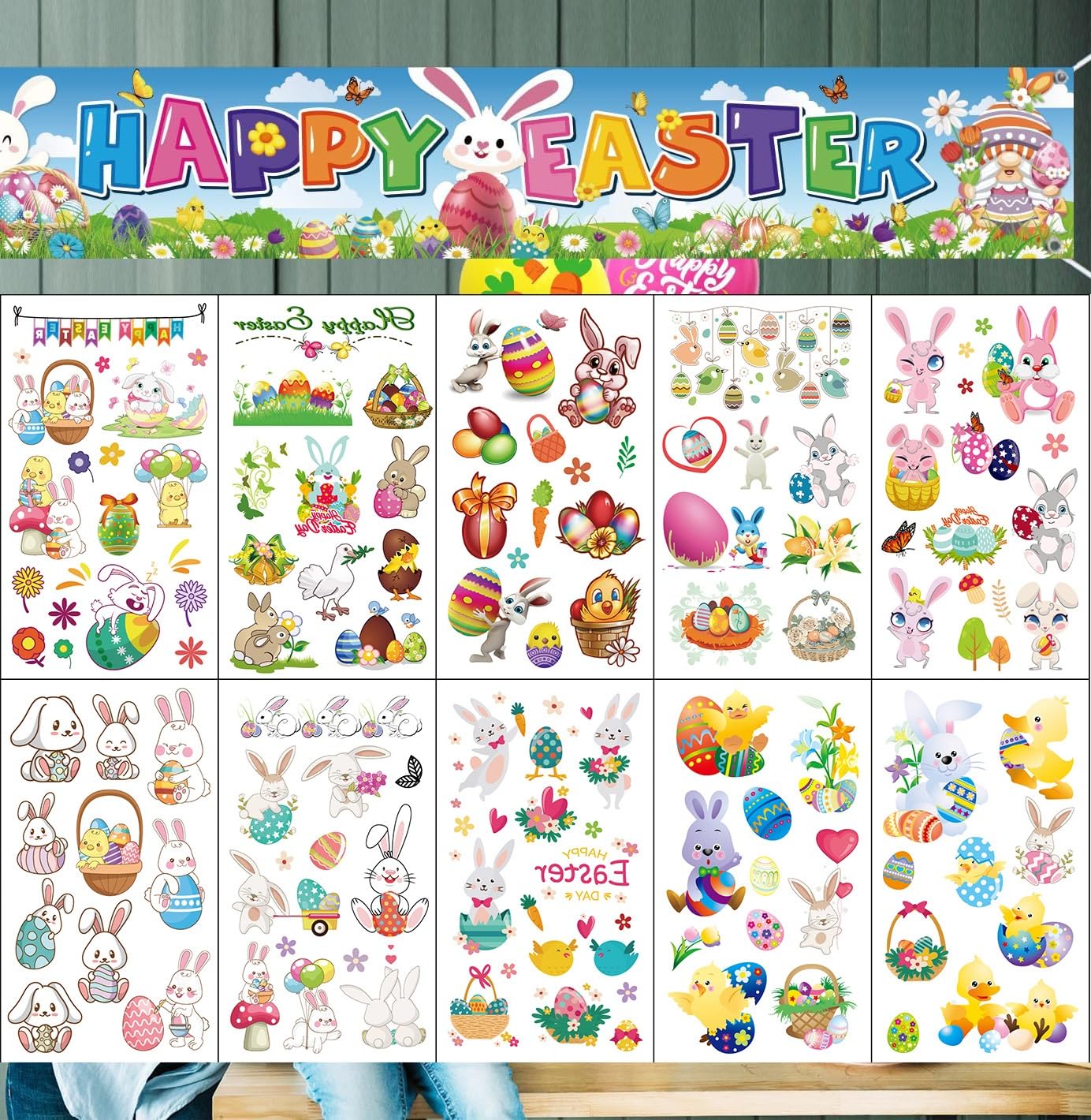 Imarisha tatuajes Pascua: conejos decorativos para fiestas infantiles.