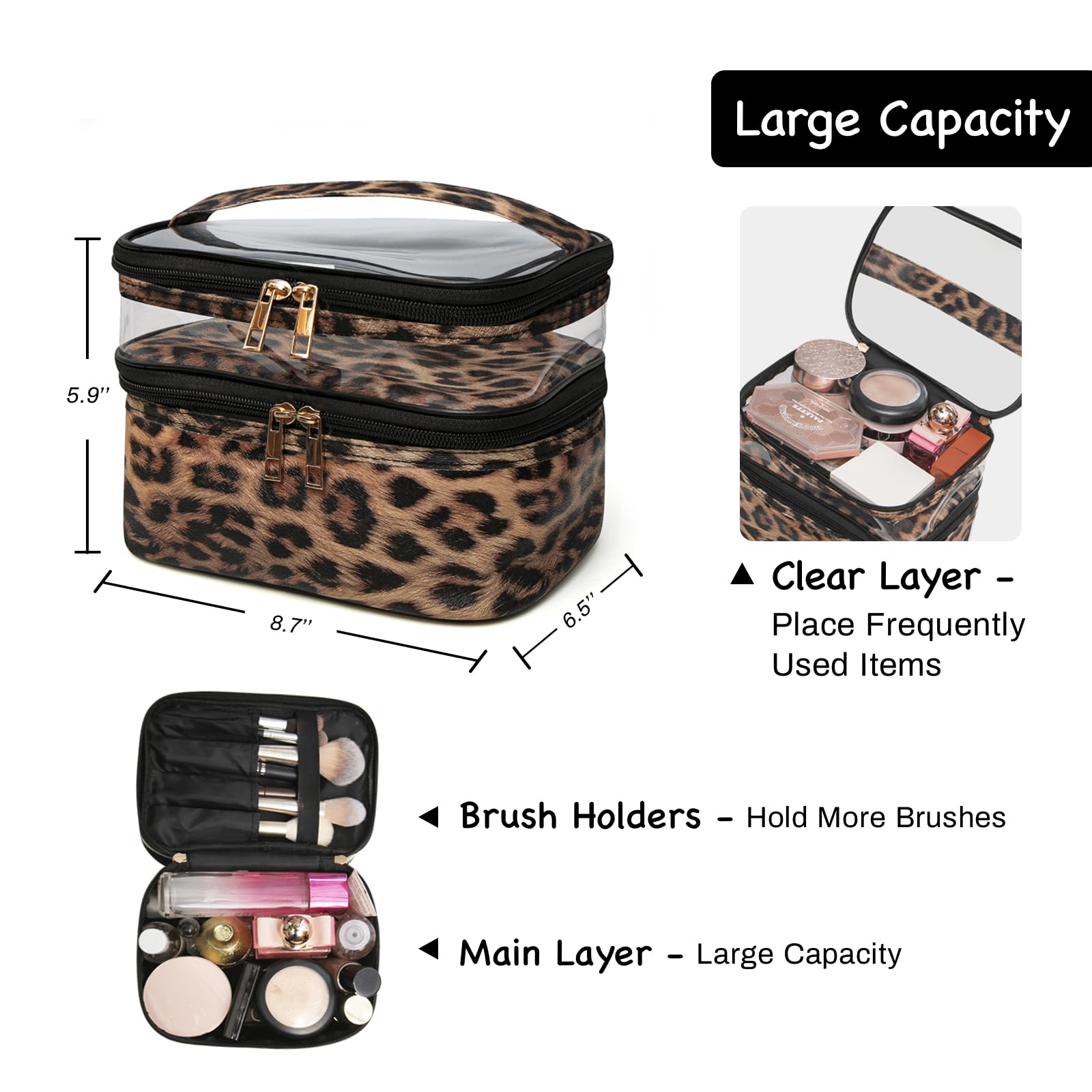 Imerelez leopard cosmetic bag highlighting structured compartments for easy access.