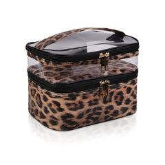 Imerelez leopard double-layer cosmetic bag with organized compartments for travel.
