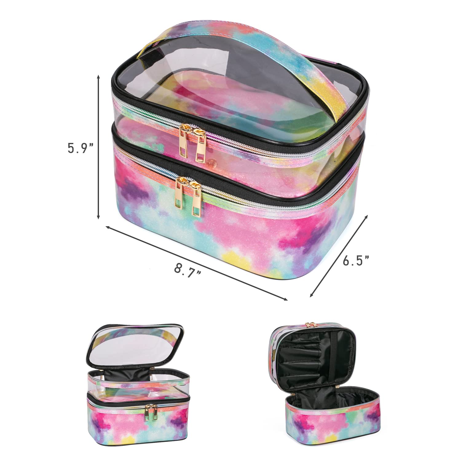imerelez Tie-Dye Cosmetic Bag front-angled showcases durable waterproof exterior for travel.