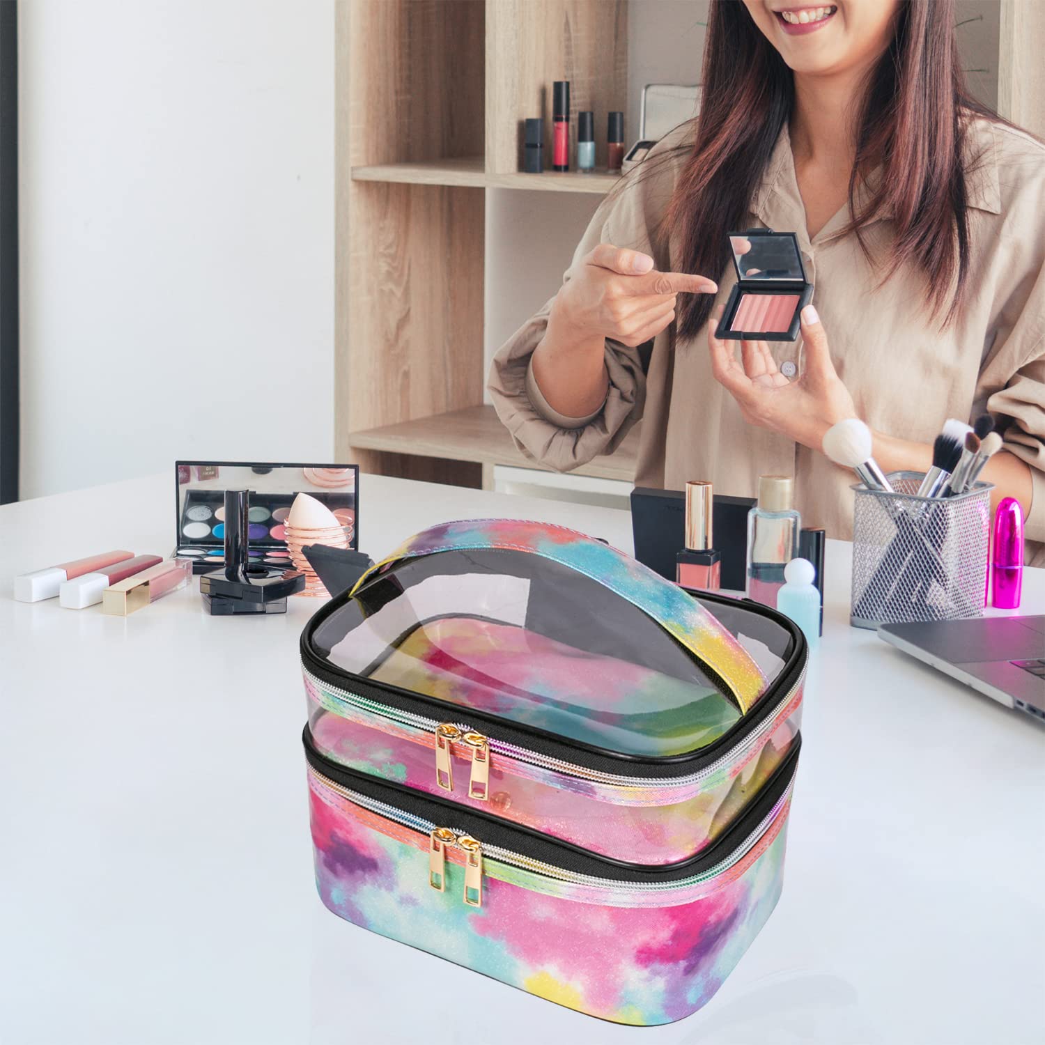 imerelez Tie-Dye Cosmetic Bag in bag during travel keeps essentials organized.