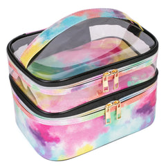imerelez Tie-Dye Cosmetic Bag top view highlights spacious interior for organizing cosmetics.