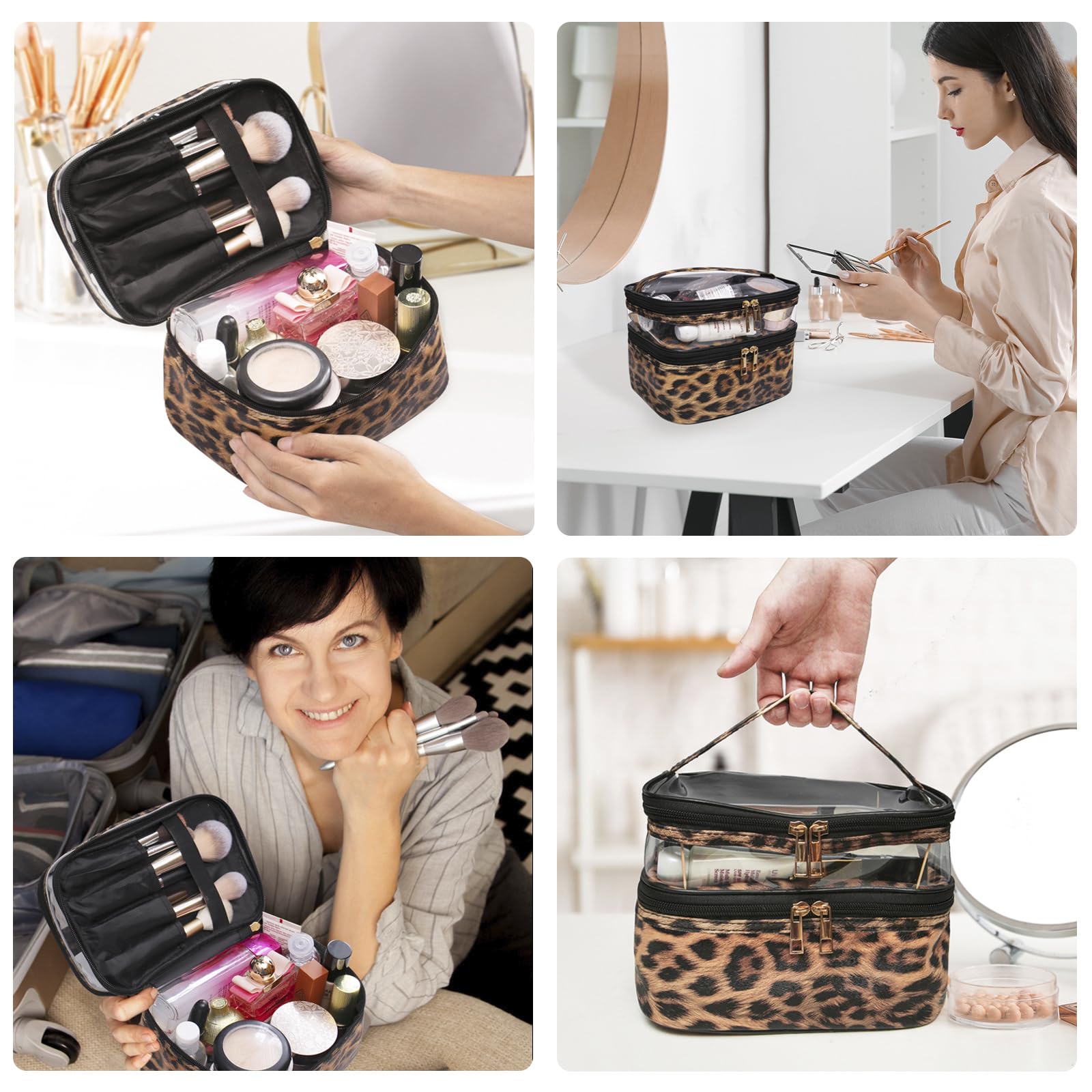 Imerelez leopard cosmetic bag is travel ready for daily routines.