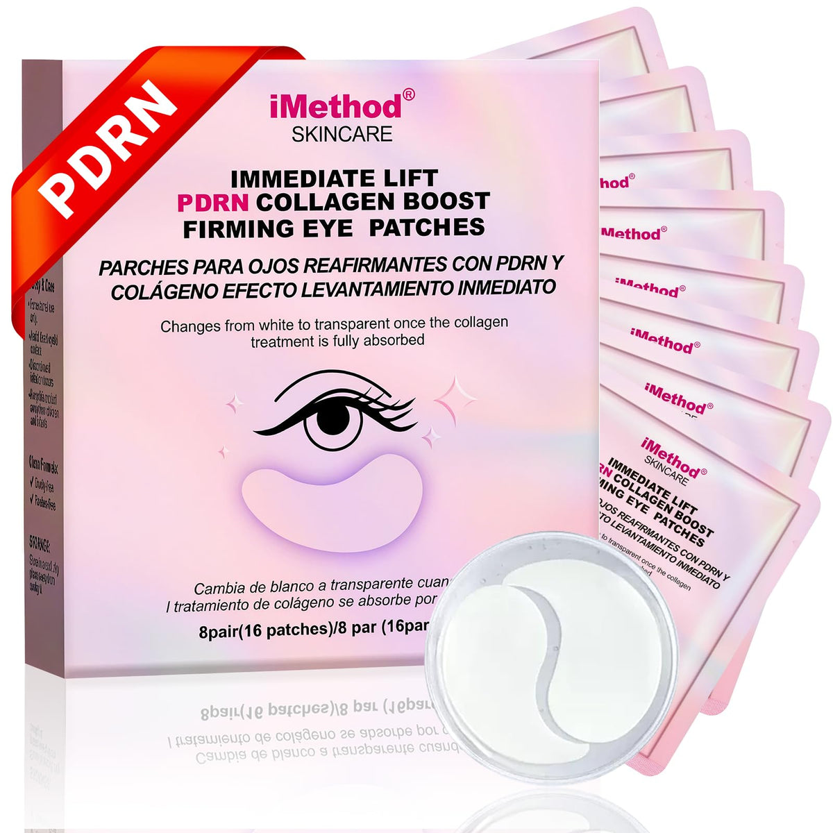 iMethod PDRN Eye Patches pack close-up, may reduce puffiness.