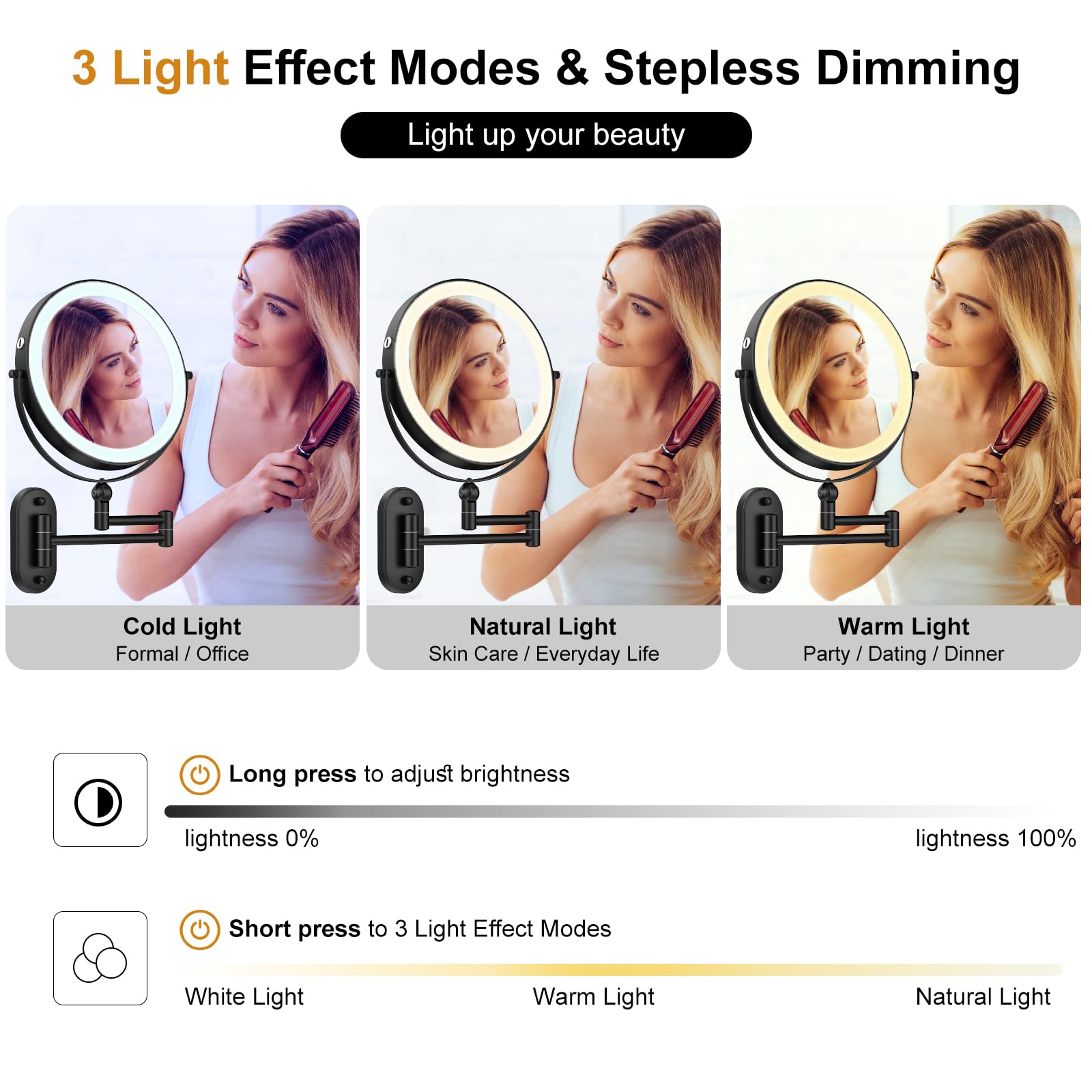 IMIKONA dimmable three-color lighting for day to night makeup