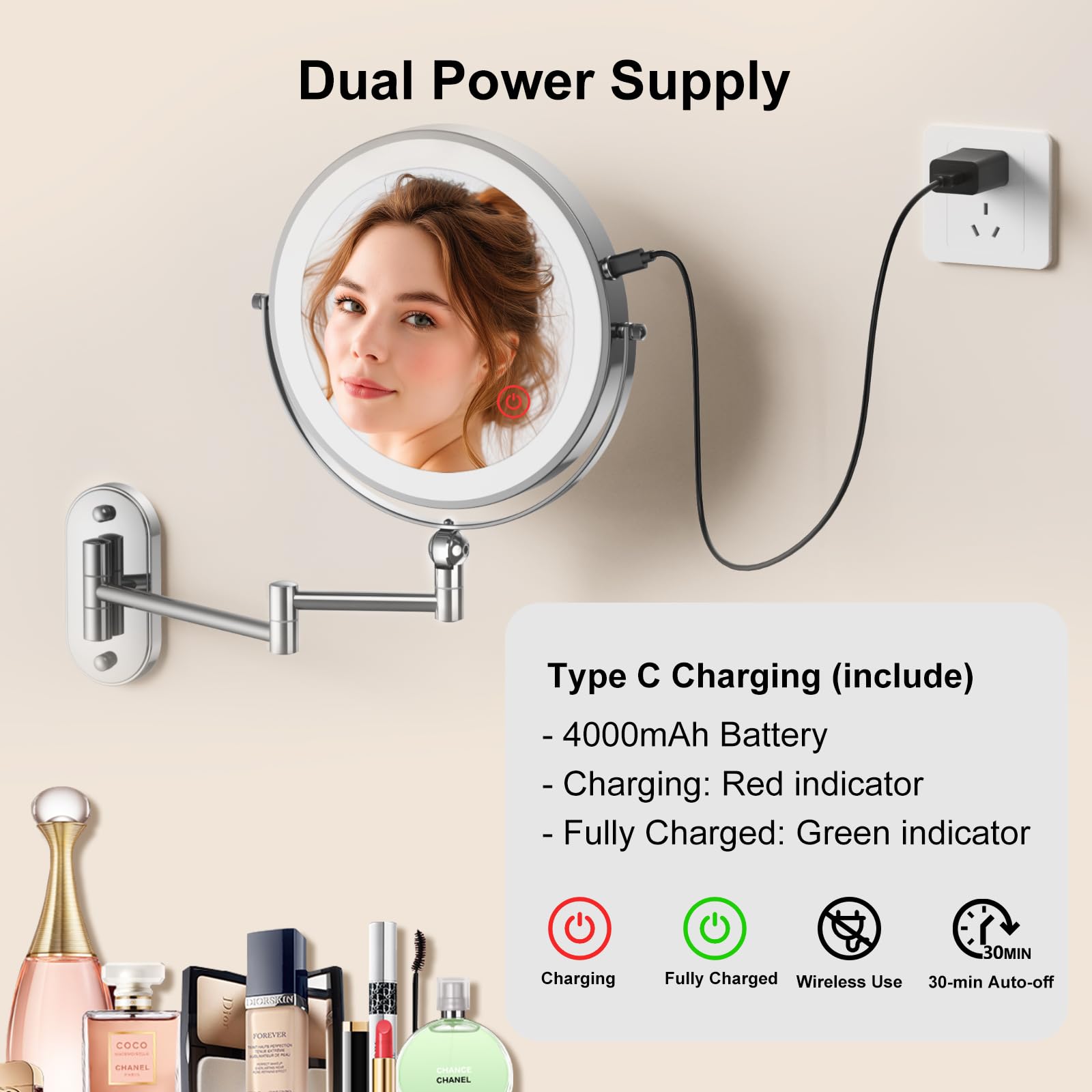 IMIKONA LED lighting with three color temperatures for versatile makeup viewing
