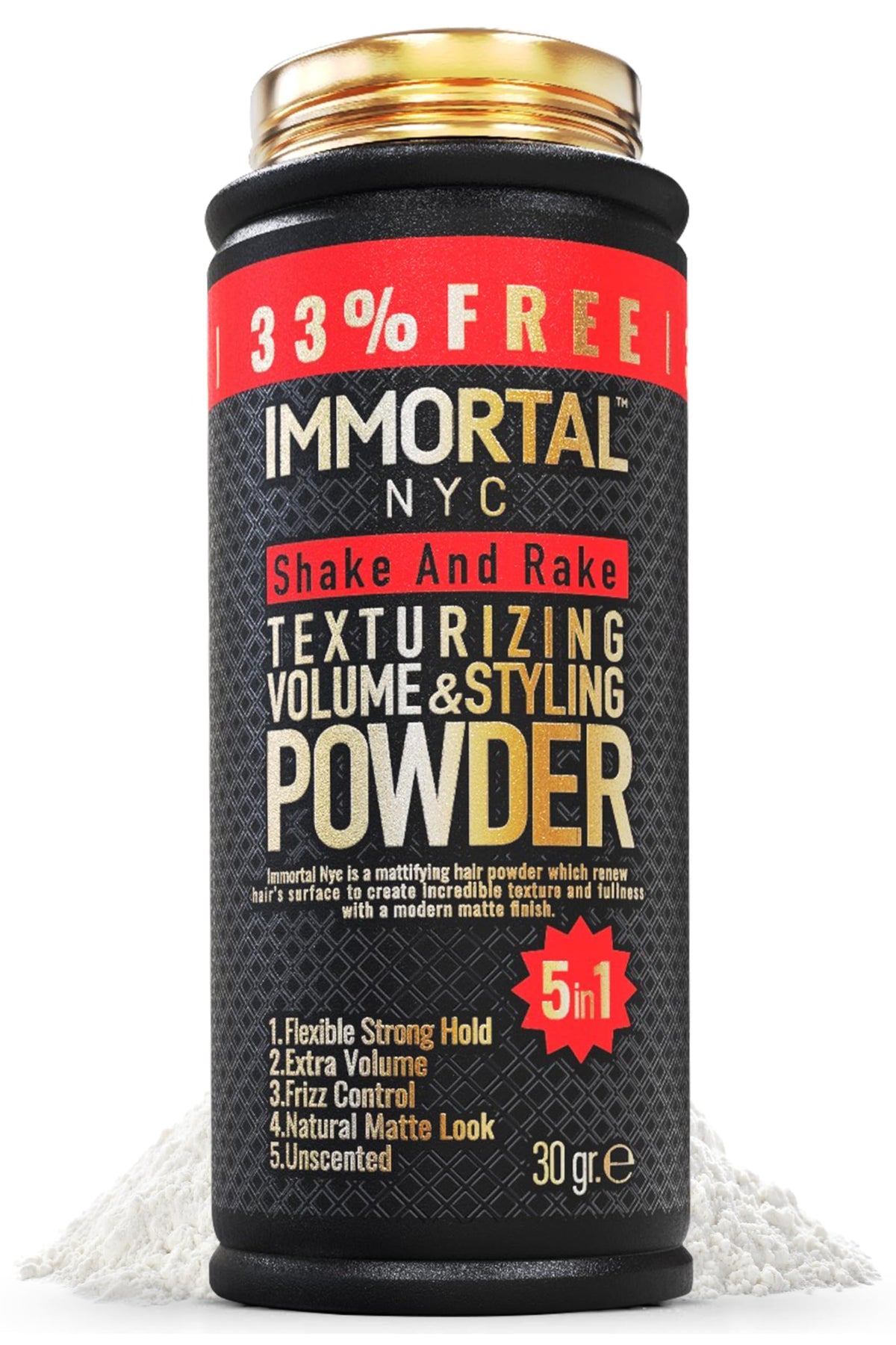 Immortal NYC polvo de volumen, vertido de botella para definición rápida y volumen.