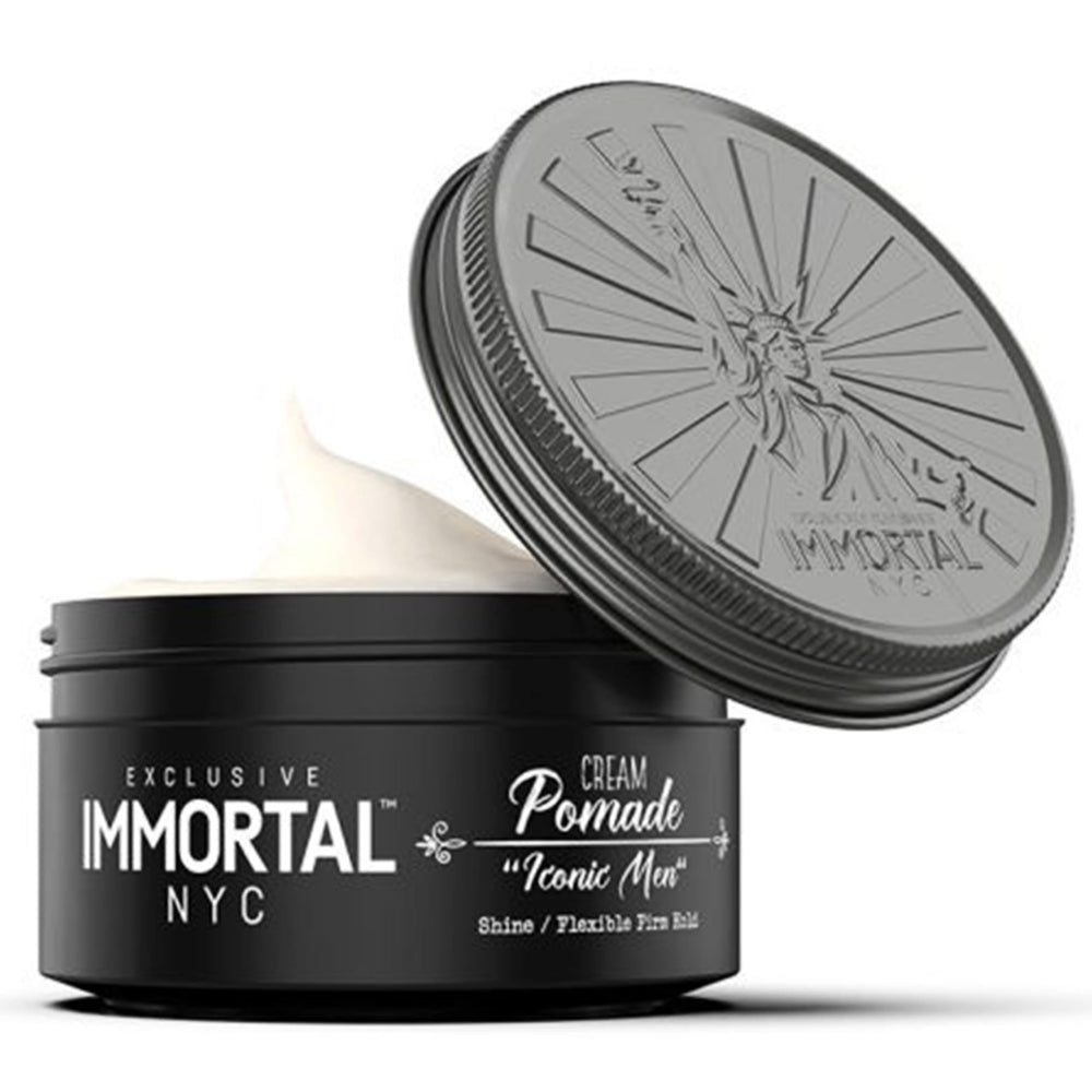 Immortal NYC Iconic Man crema pomada: empaque elegante para peinado diario.