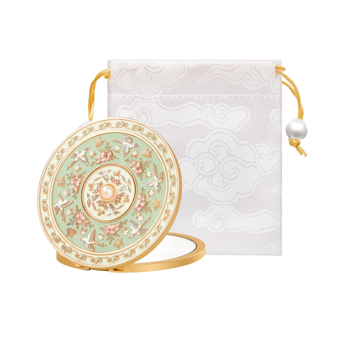 Imperblooms compact mirror with embossed detail adds vintage charm for easy purse spotting.