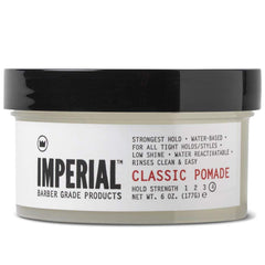 Pomada Clásica Imperial Barber: botella visible y fijación duradera para estilo estable.