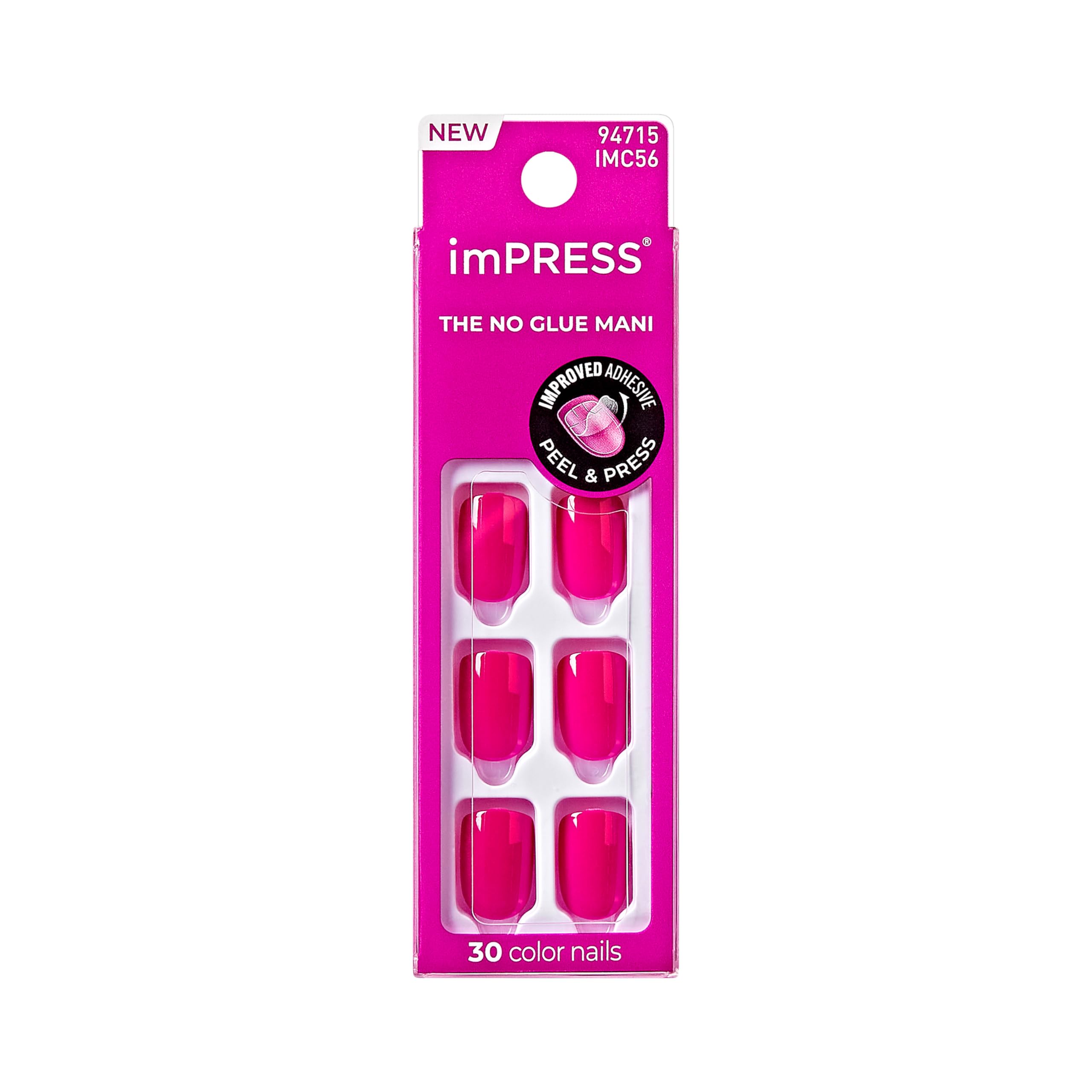 Uñas imPRESS All Smiles rosa corto en forma squoval, aspecto natural para uso diario.