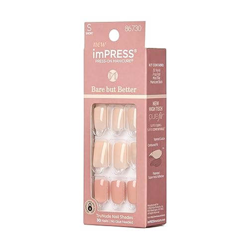 ImPRESS conjunto de 30 uñas desnudas sin esmalte ni pegamento para aplicación rápida.