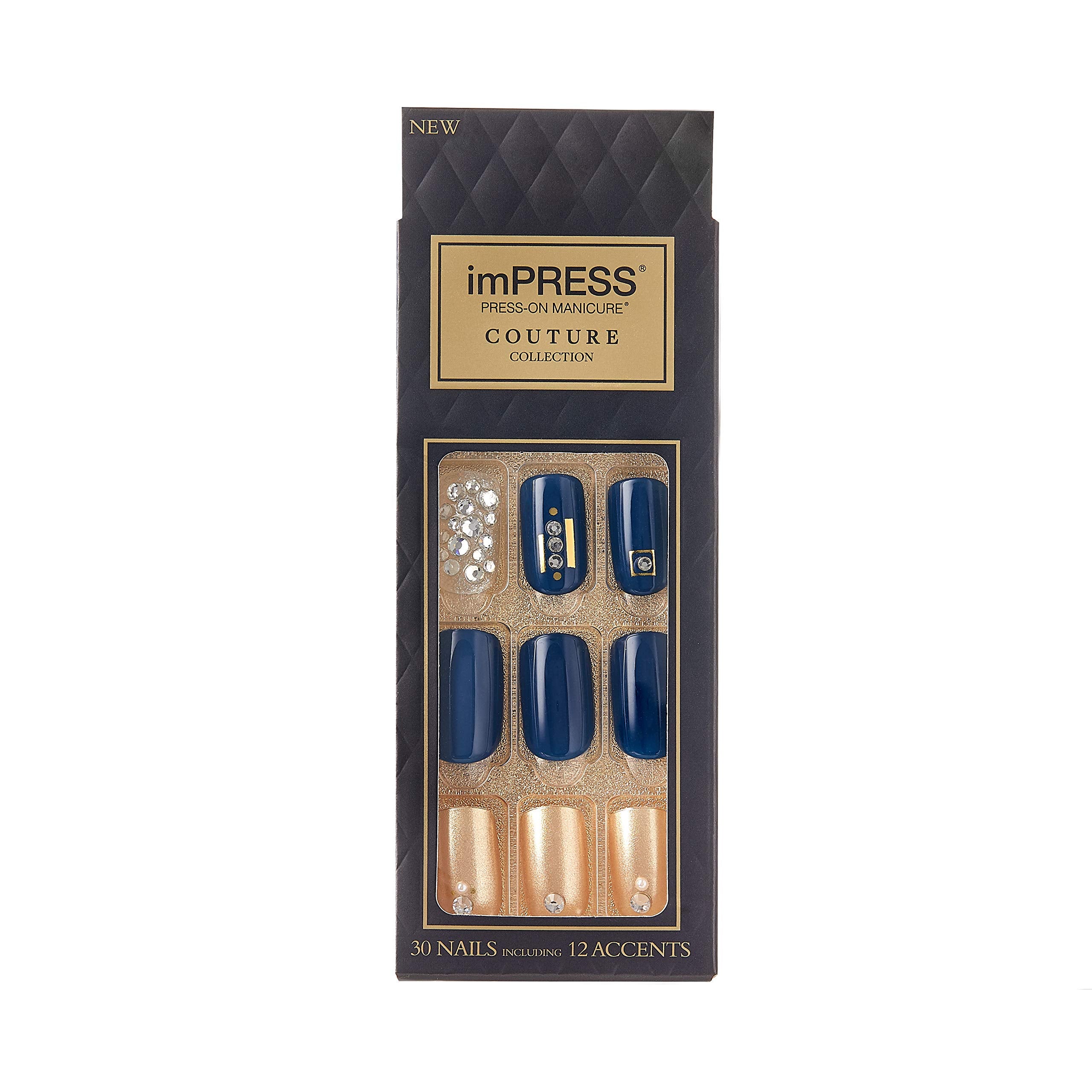 imPRESS Couture Haute glossy navy blue nails with a bold, salon-perfect finish.