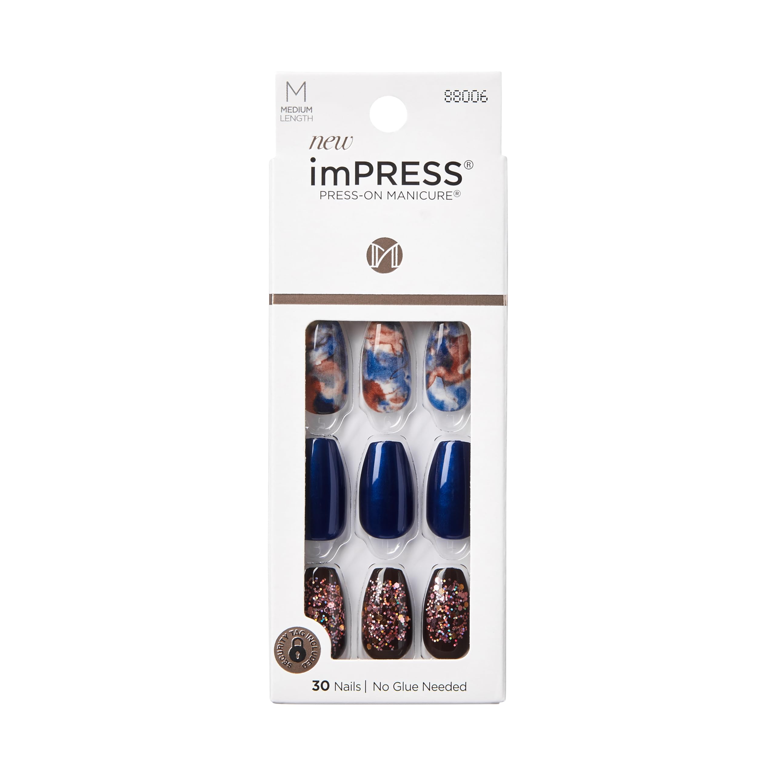 imPRESS Indigo Autumn nails on hand show a glossy, salon-ready finish.