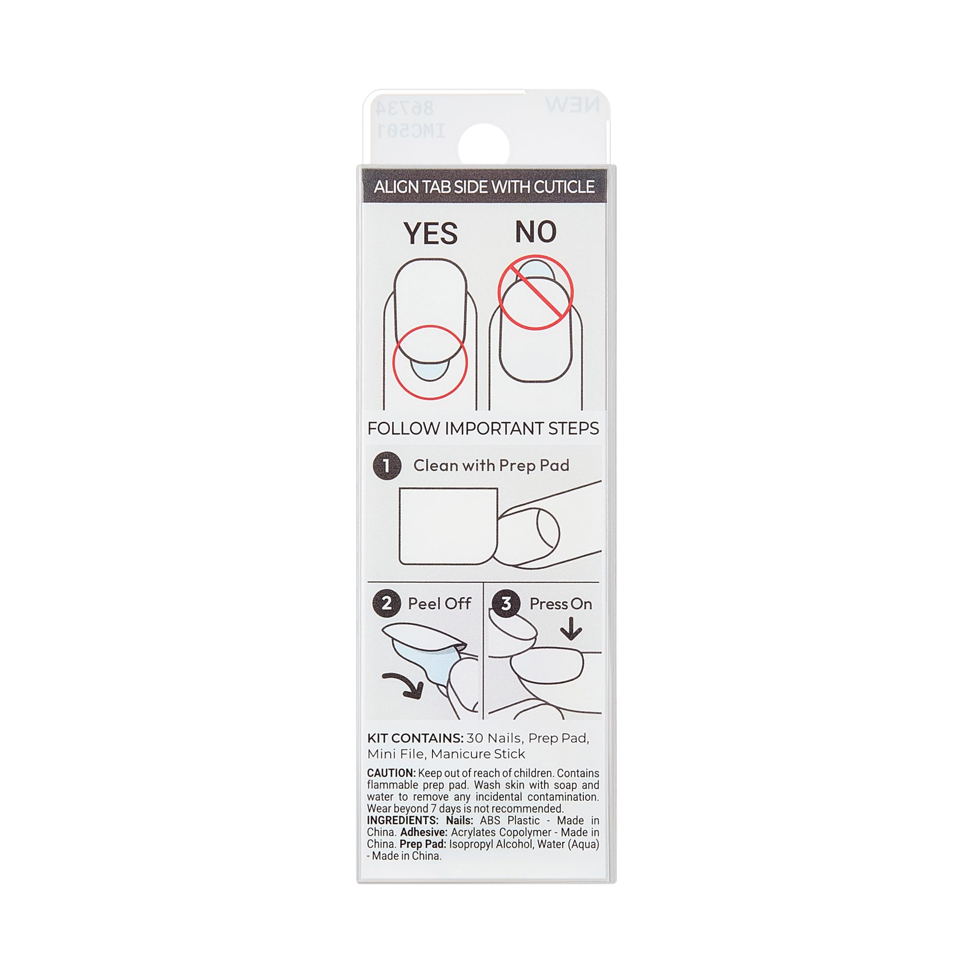Contents of the kit: 30 nails, prep pad, mini file, manicure stick.