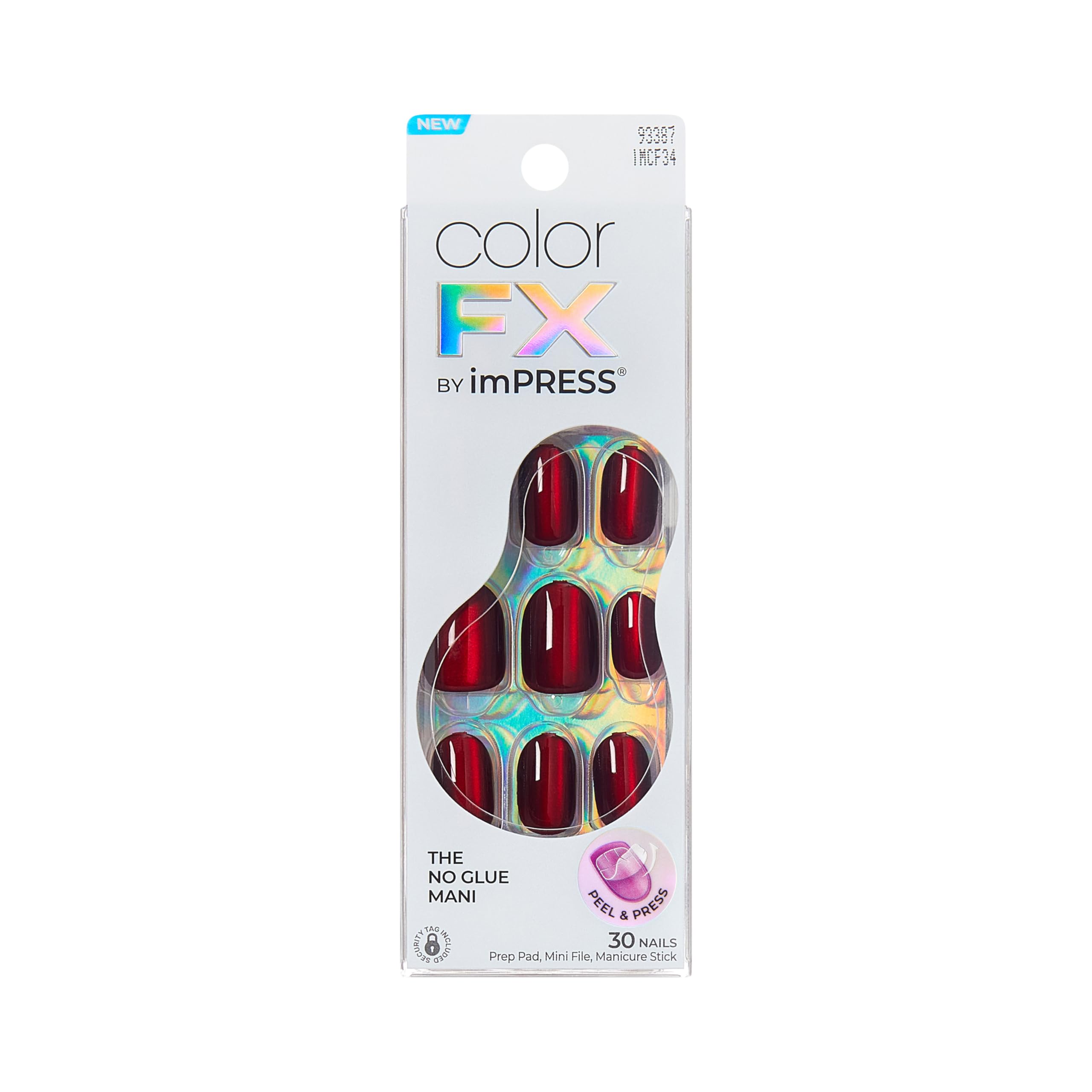 Uñas ColorFX de imPRESS con gema oculta rojas en forma ovalada para uso diario.