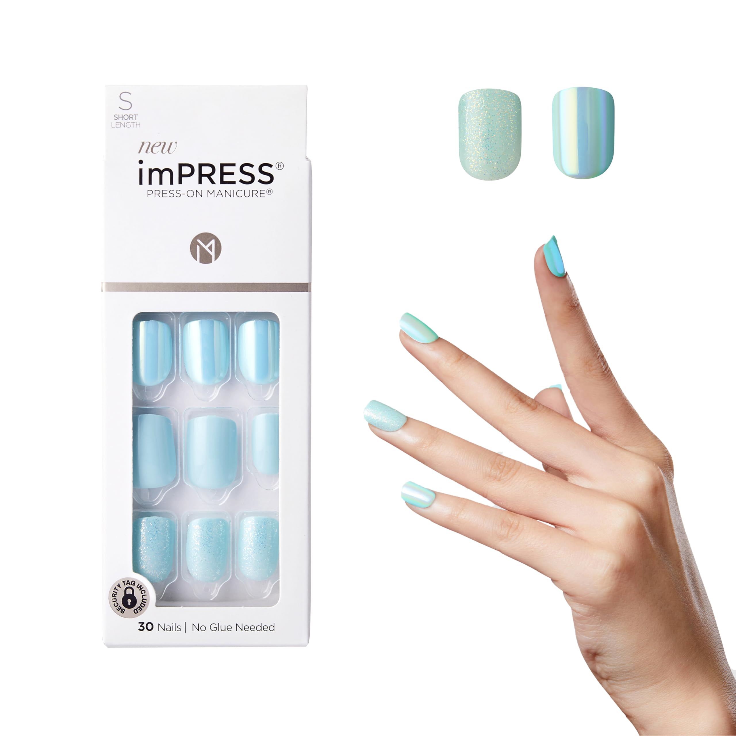 imPRESS Rain Check blue short squoval nails for a quick at-home manicure