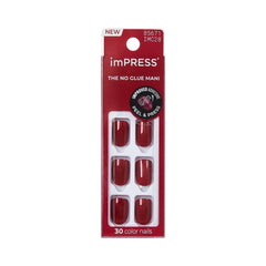 imPRESS Red Velvet No Glue Mani close-up showing slim, natural-looking nails for a quick home manicure.
