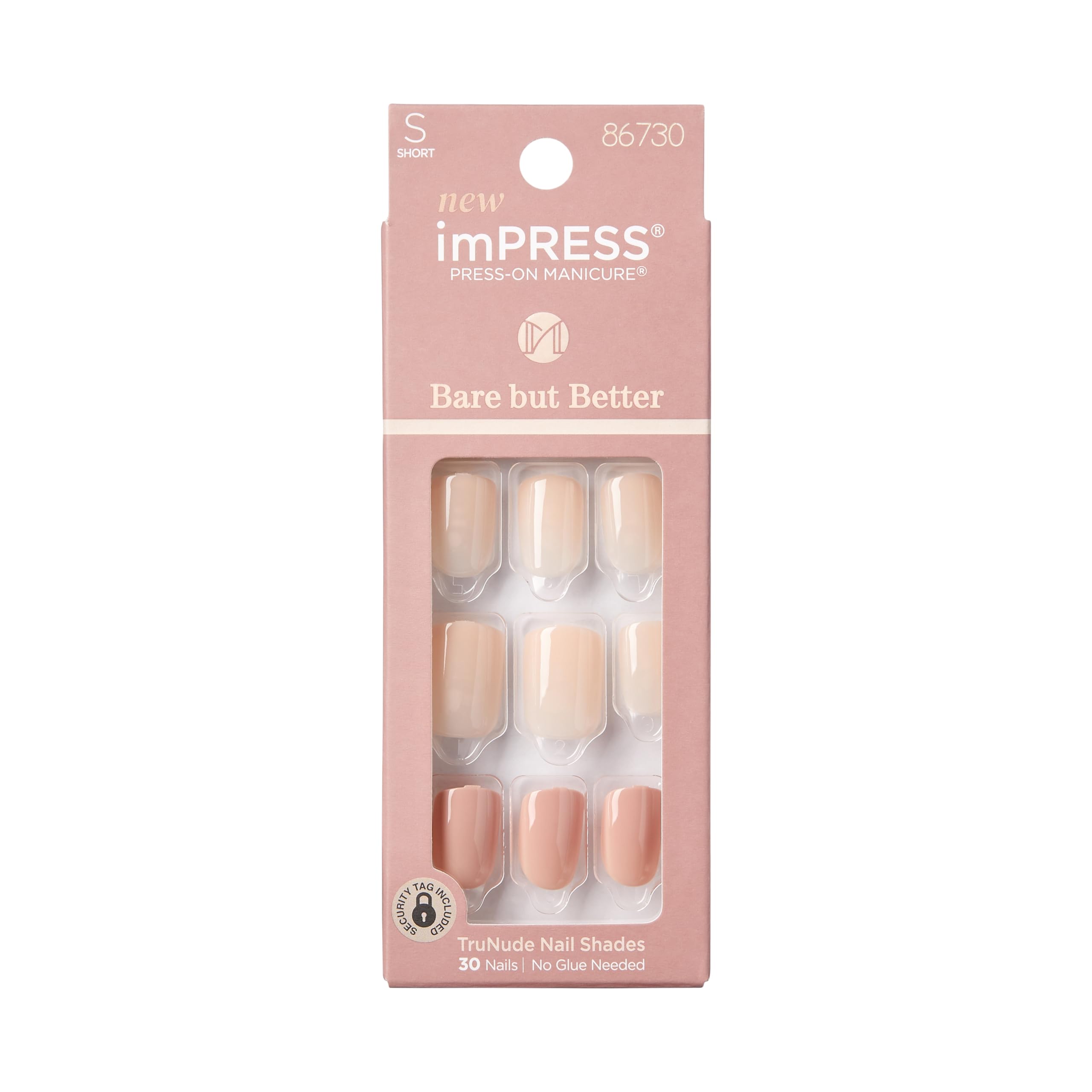 Las uñas imPRESS Simple Pleasure en tono desnudo corto squoval ofrecen ajuste cómodo y natural.