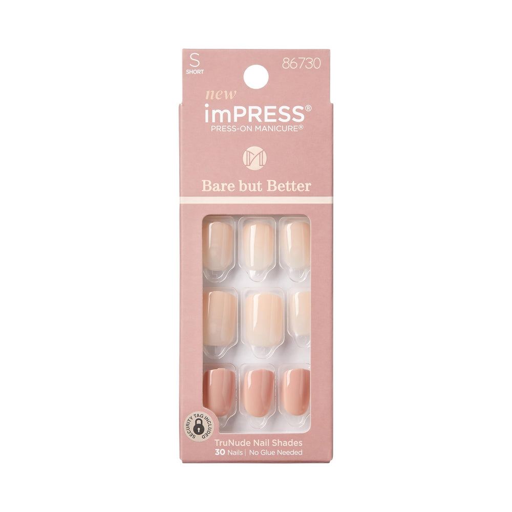 Las uñas imPRESS Simple Pleasure en tono desnudo corto squoval ofrecen ajuste cómodo y natural.