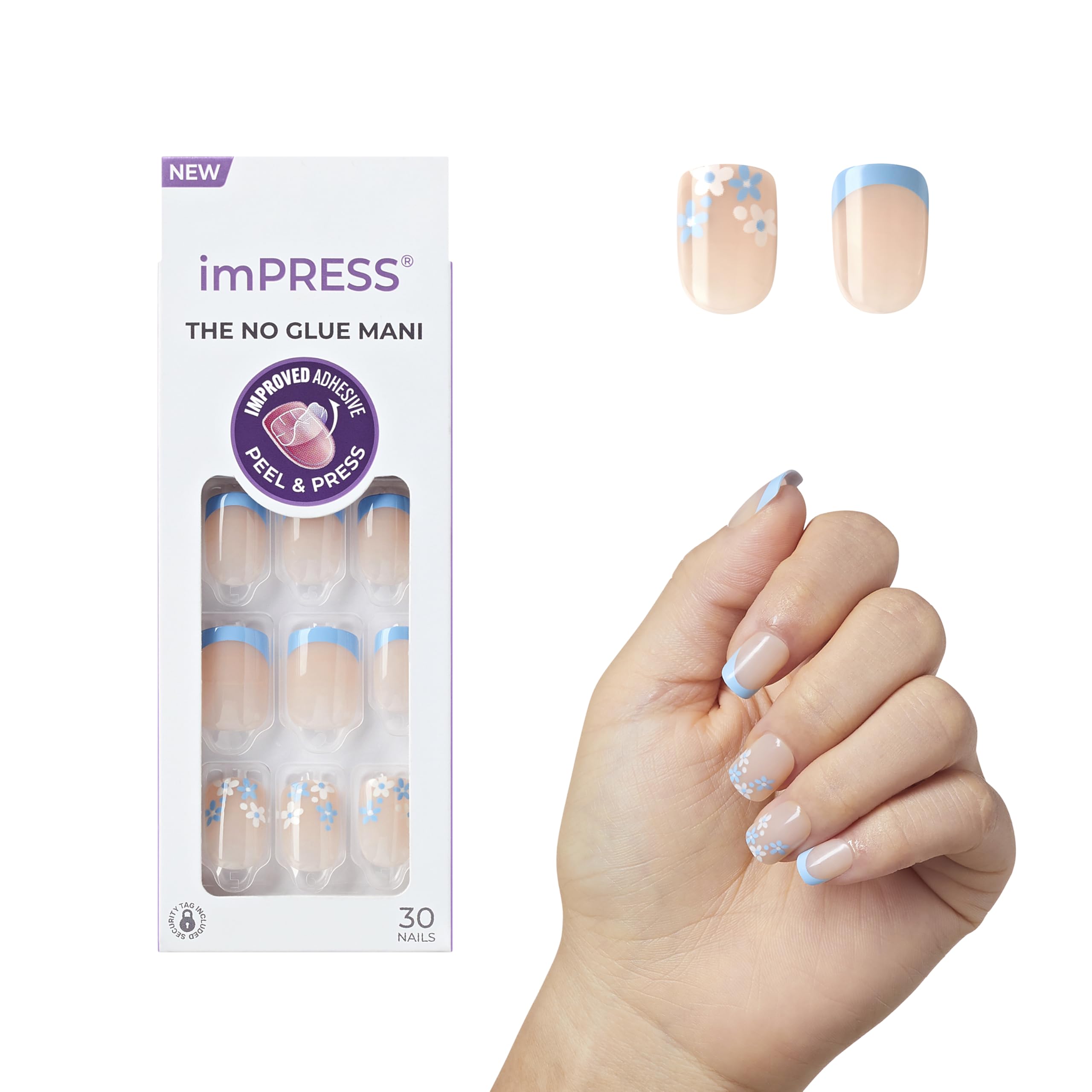 imPRESS No Glue Mani French Snooze Azul, uñas francesas cortas con acabado gel natural.