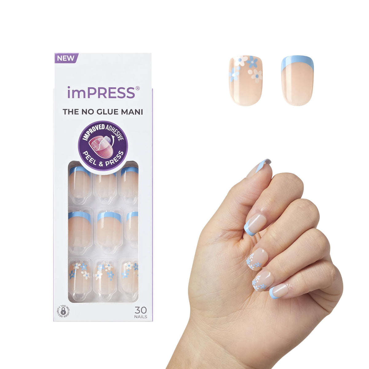 imPRESS No Glue Mani French Snooze Azul, uñas francesas cortas con acabado gel natural.