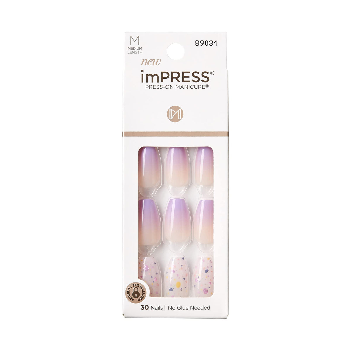 Uñas postizas imPRESS moradas en forma de ataúd, listas para aplicar sin pegamento.