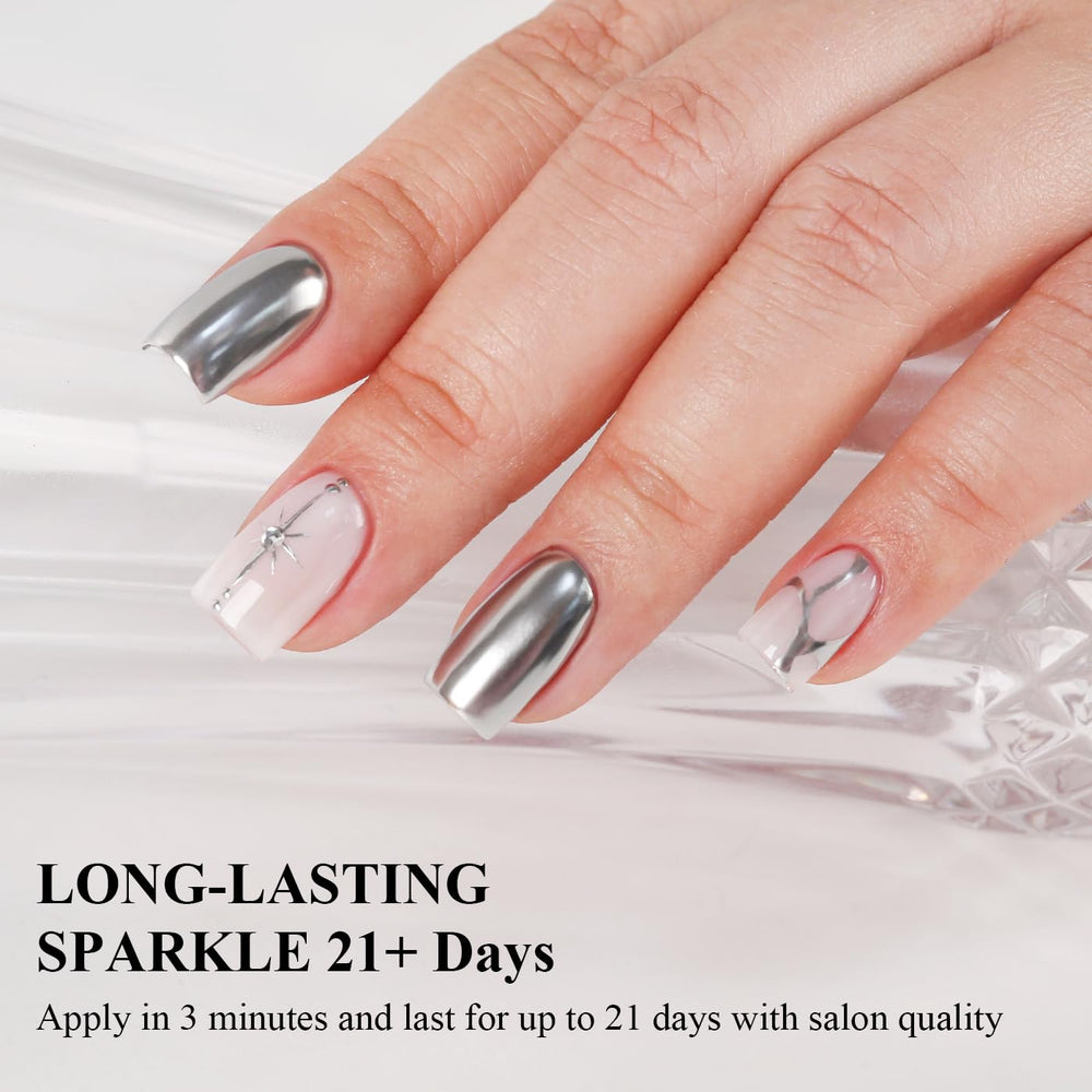 Imtiti silver mirror finish on nails for a bold chrome look.