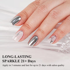 Imtiti silver mirror finish on nails for a bold chrome look.