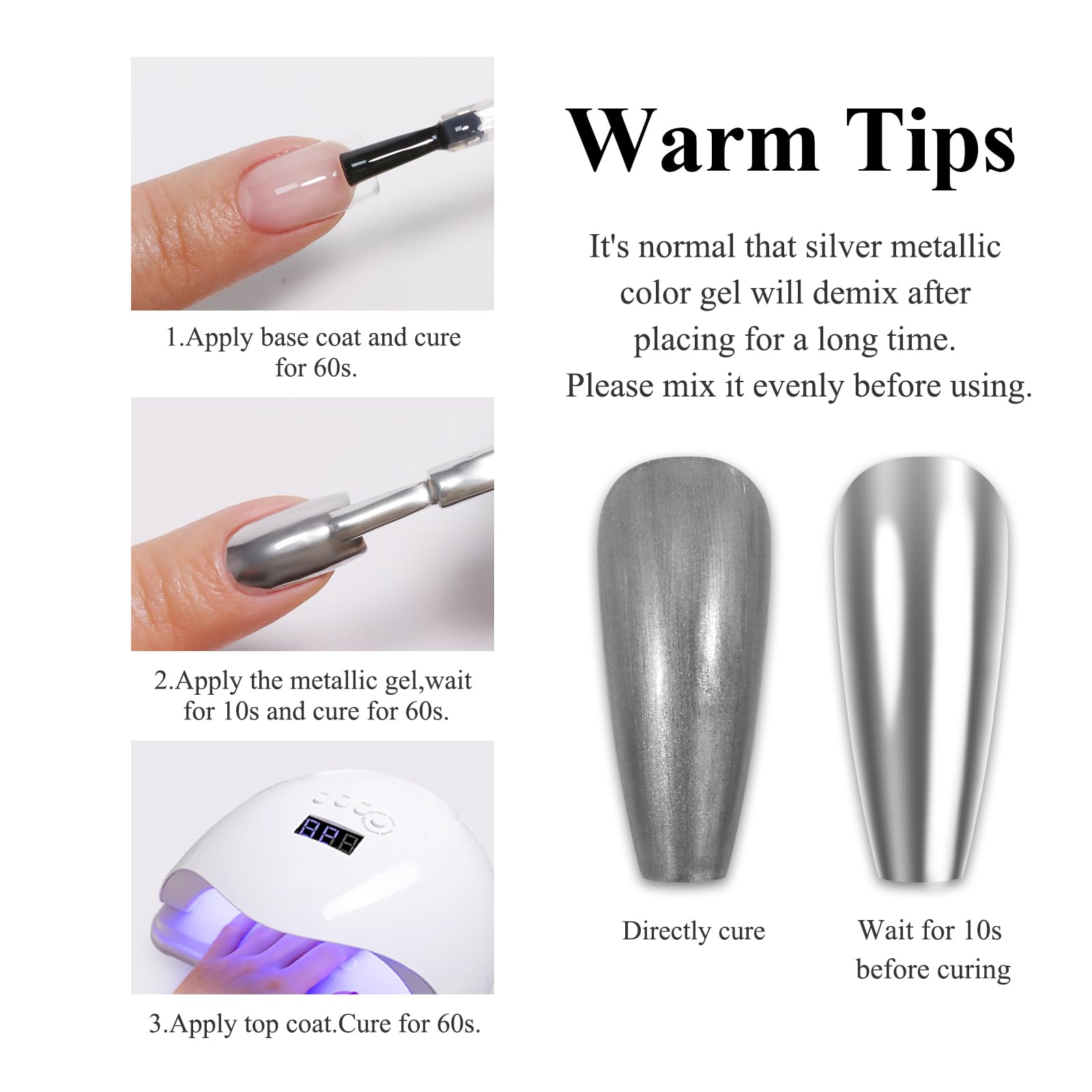 Imtiti UV/LED cure-ready gel polish in mirror silver under lamp.