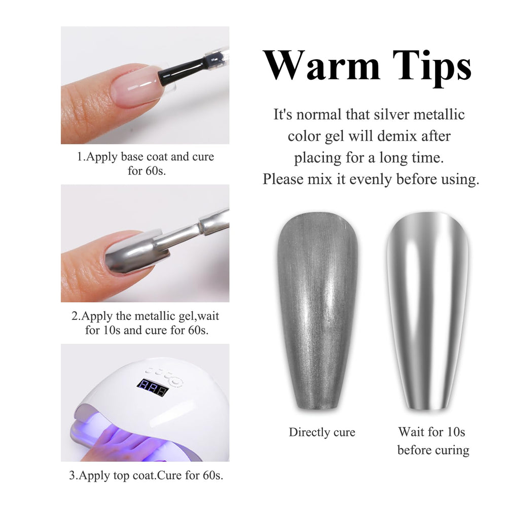 Imtiti UV/LED cure-ready gel polish in mirror silver under lamp.