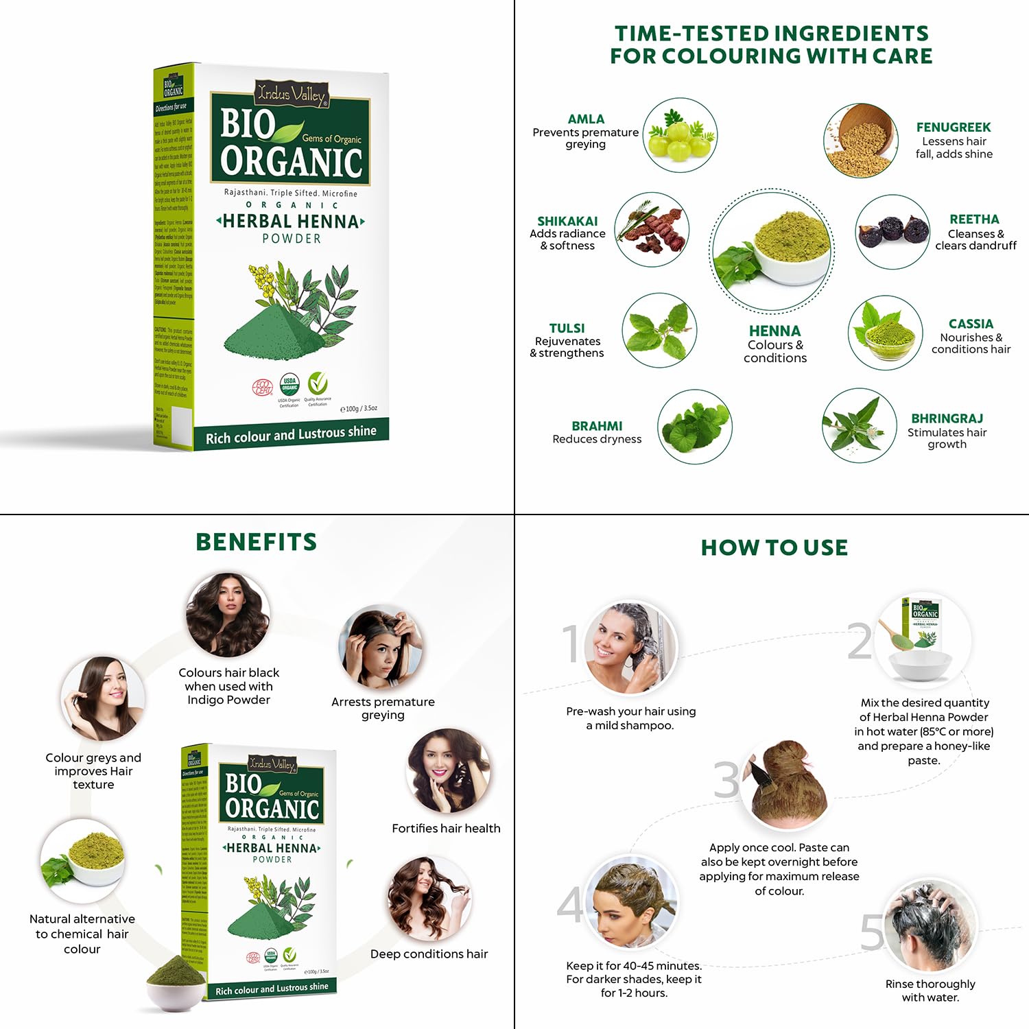 INDUS VALLEY chemical-free henna powder supports at-home hair color