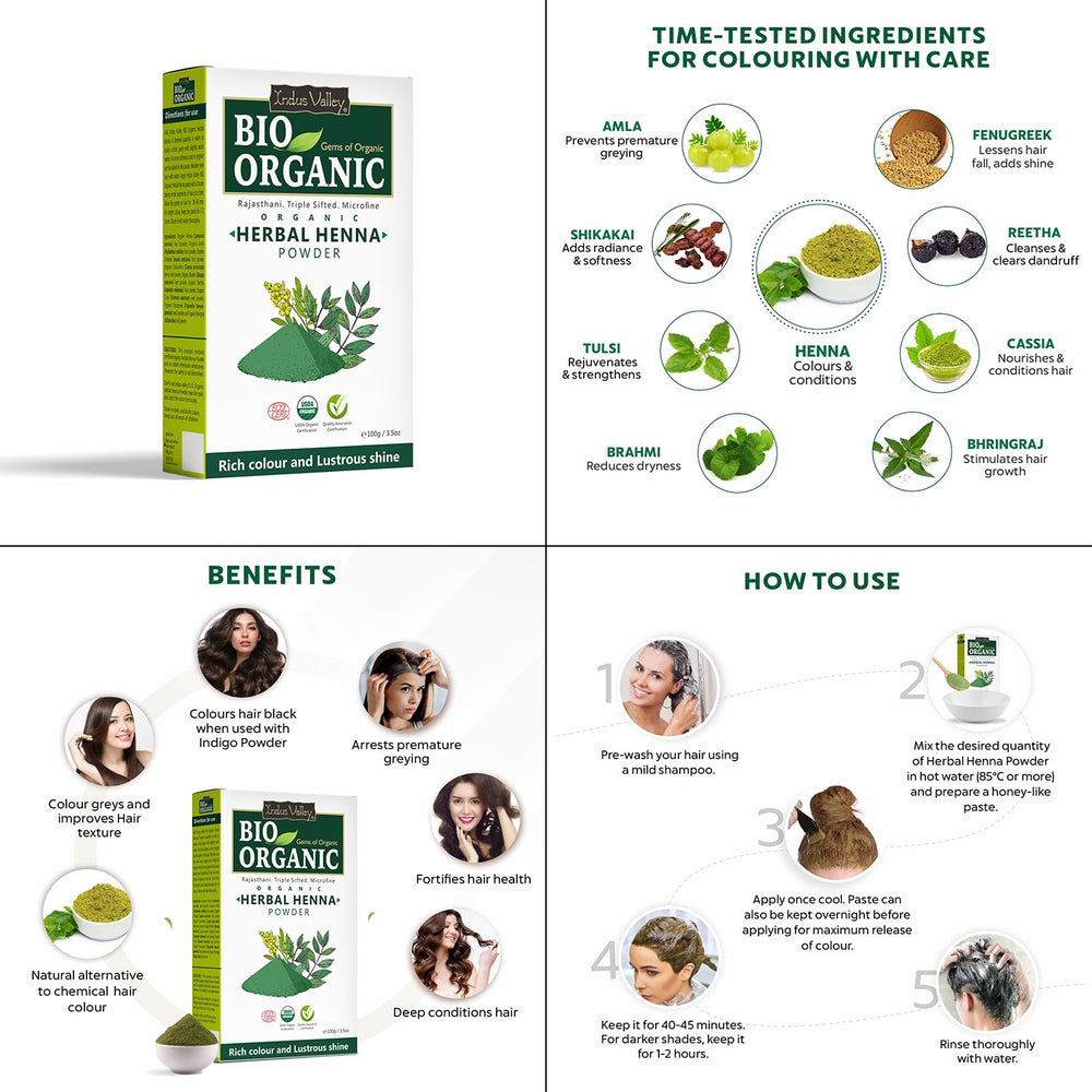 INDUS VALLEY chemical-free henna powder supports at-home hair color